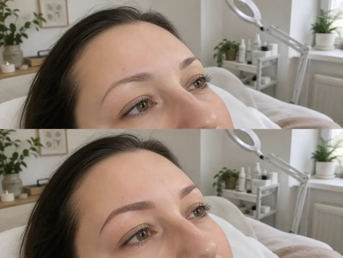 Obočí před a po permanentním make-upu technikou puder